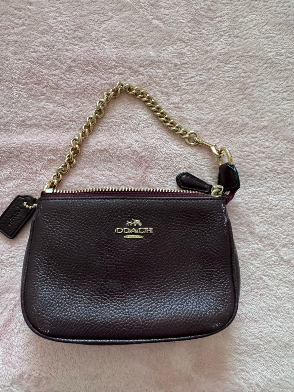 Coach Pebbled Leather Wristlet in Dark Burgundy with Gold Hardware